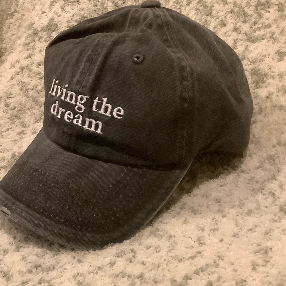 Black Stonewashed Distressed  'Living the Dream' Baseball Cap NWT Cotton - Picture 5 of 16